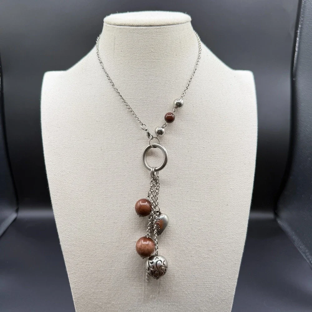 Silver Tone Brown Bead Tassel Necklace Heart Charm Circle Pendant Boho Jewelry